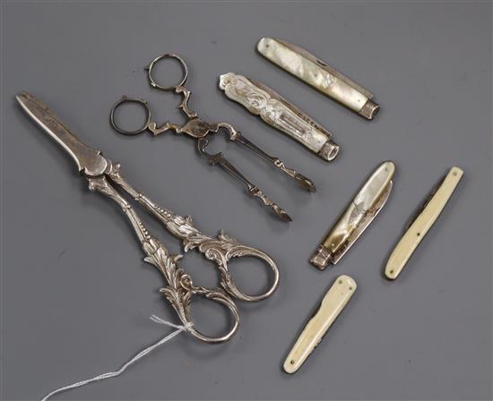 Three 19th century mother of pearl handed silver pocket fruit knives, two other pocket knives and two plated items.